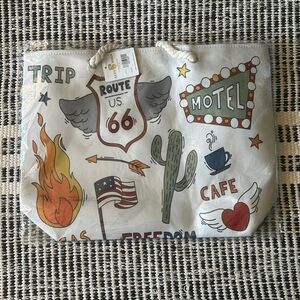 Route 66 Canvas Tote bag blue and tan 21” NWT